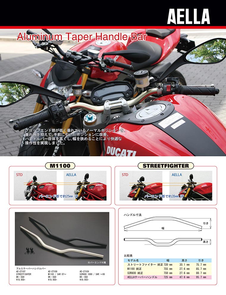 AELLA　アルミテーパーハンドル　DUCATIモンスター用